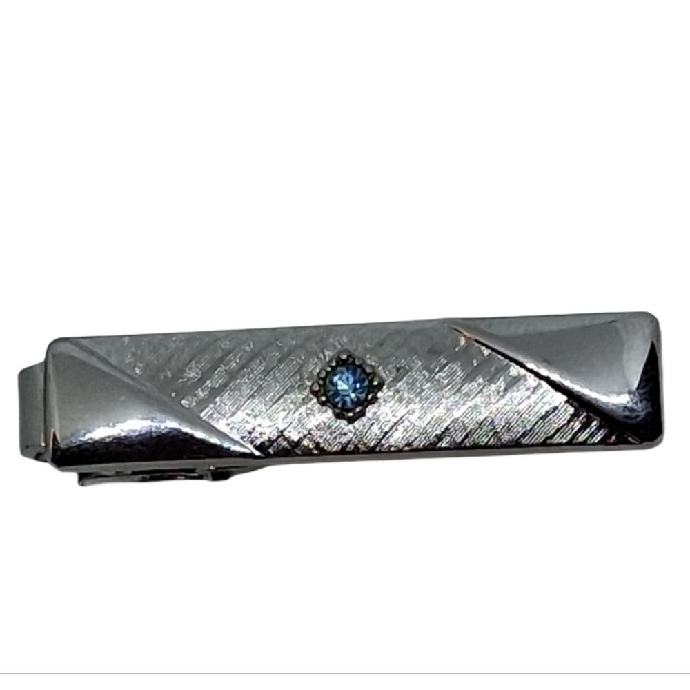 Vintage Sarah Coventry Silver Tone Tie Clip Blue Rhinestone Mid Century Modern